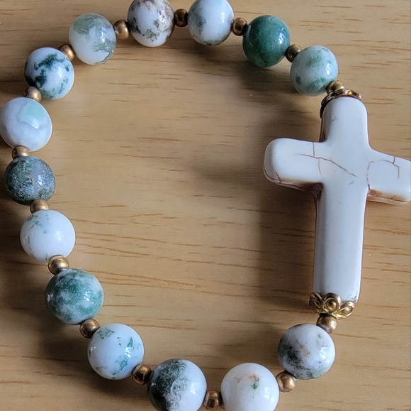 Moss Agate and stone cross stretch bracelet. Vintage - Picture 4 of 6